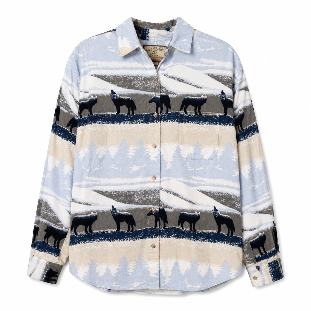 Bit & Bridle Wolf Shirt Vintage 90s Wilderness Forest Corduroy Western Outdoors.